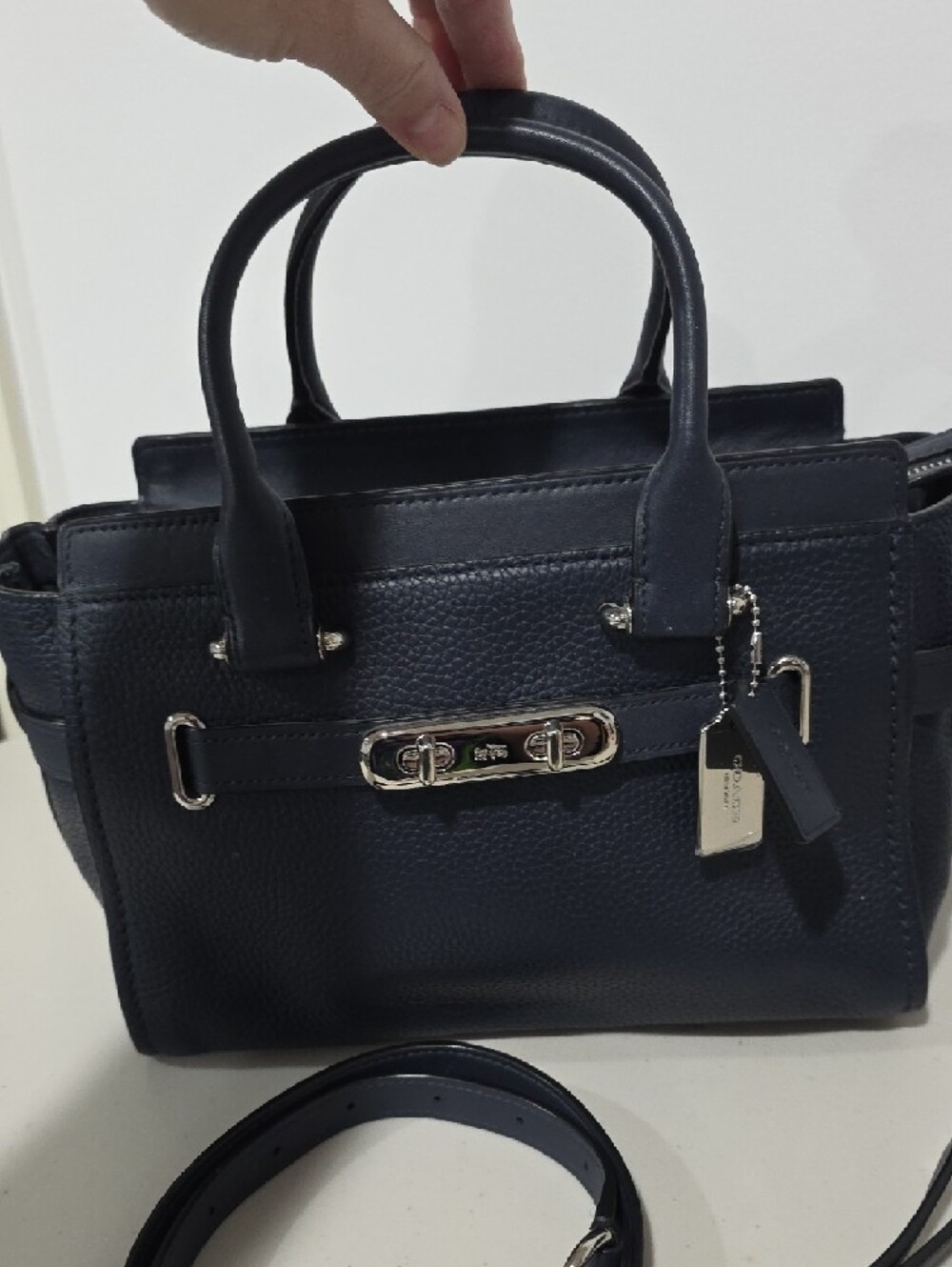 Coach Swagger 27 Navy Pebbled Leather Satchel with Silver Hardware Purse F87295 - Picture 2 of 16